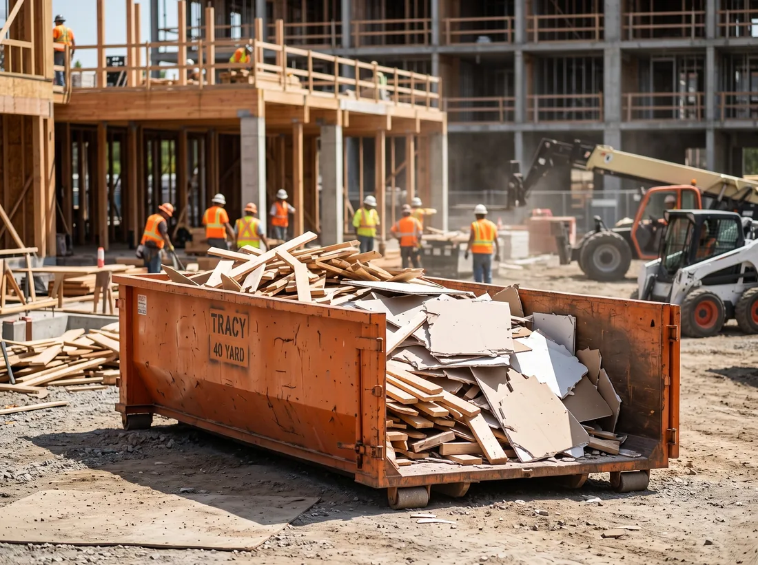 Construction dumpster filled with debris at a Tracy, CA job site