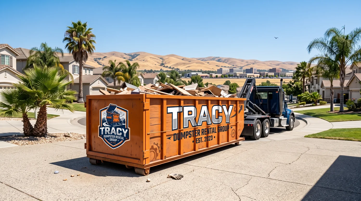 Orange roll-off dumpster on a residential driveway in Tracy, CA