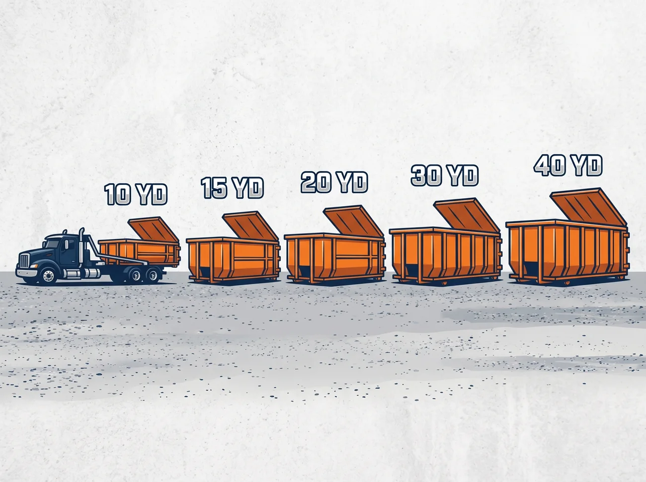 Roll-off dumpsters of different sizes lined up at the Tracy Dumpster Rental Group yard